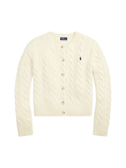 Cardigan da donna in misto lana e cashmere con lavorazione a trecce, girocollo, color crema POLO RALPH LAUREN | 211972104002